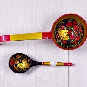 Russian Khokhloma Wooden 1 Ladle Spoon and 1 Spoon Hand Painted Red & Gold VTG
